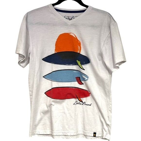 LUCKY BRAND T-Shirt Kids Boys Large White Surf Board Print V Neck Short Sleeve - Picture 1 of 9